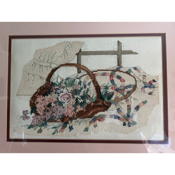 1990s Vintage Paula Vaughn Cross Stitch Pattern Framed Spring Flower Art Piece - Picture 3 of 5
